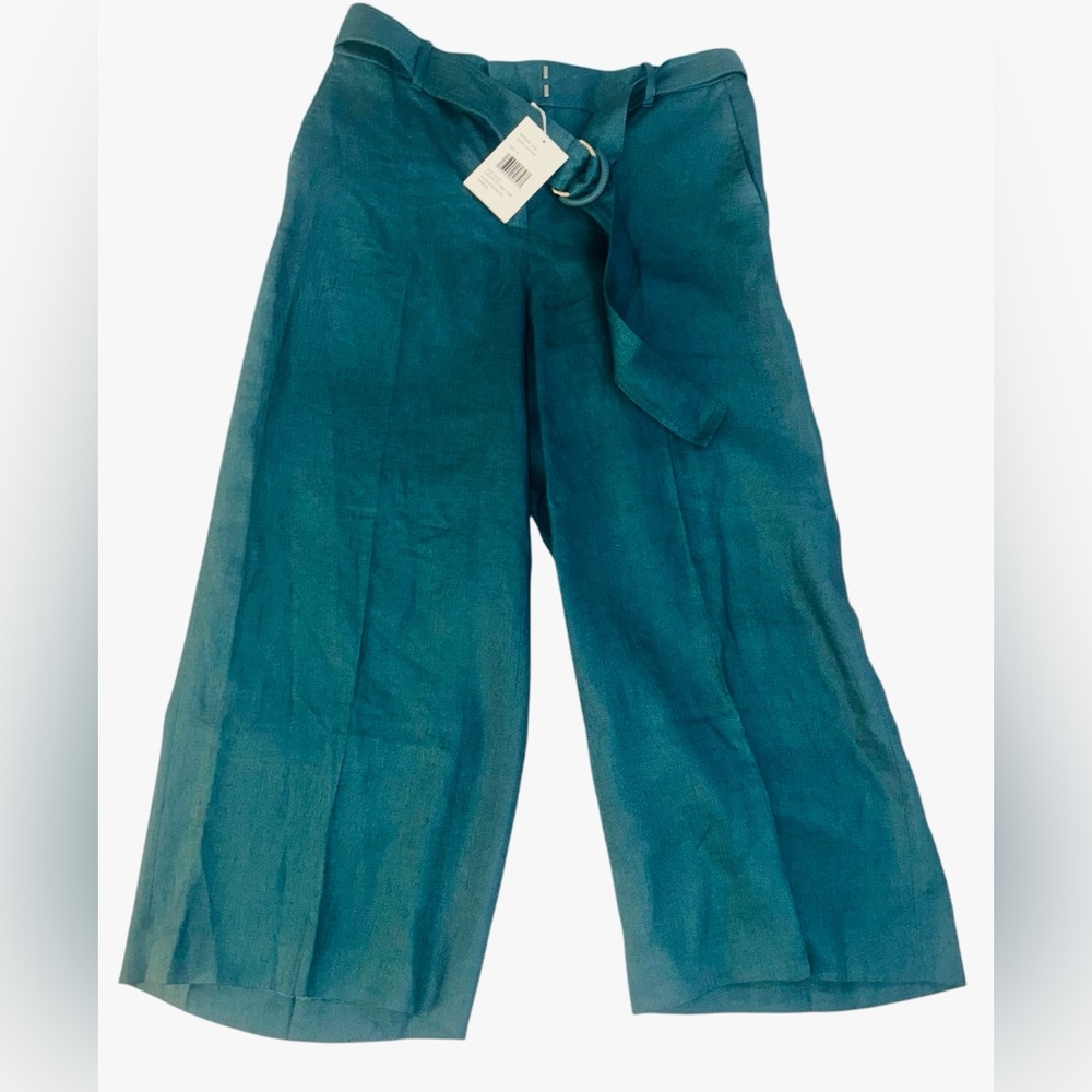 Lafayette 148 Linen Wide-Leg Pants with Belt Teal NWT